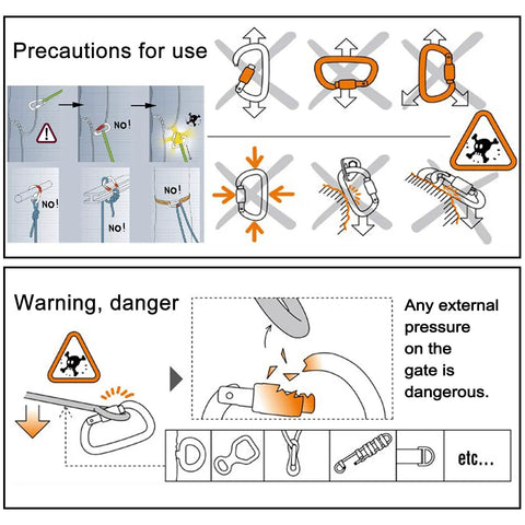 Instruction diagram for Auto Locking Climbing Carabiner Set, showing correct and incorrect usage, warning symbols included.