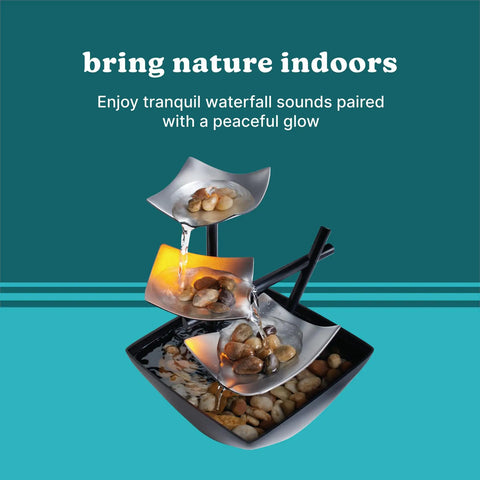 Chill Tabletop Water Fountain For Home Decor And Relaxation with river rocks and 3-tier waterfall, 8.25 inch tall