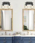 Industrial Black Vanity Light Fixtures With Glass Mason Jar Shades Two Light Vintage Wall Sconces For Bathrooms over dual sinks