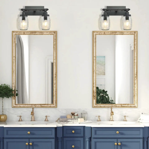 Industrial Black Vanity Light Fixtures With Glass Mason Jar Shades Two Light Vintage Wall Sconces For Bathrooms over dual sinks