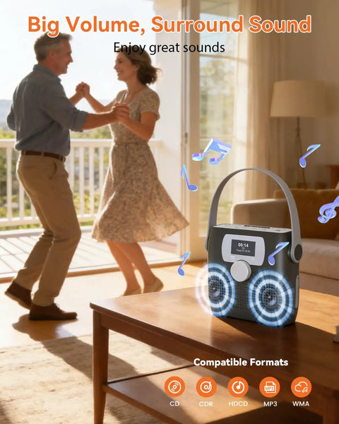 Portable CD Player With Bluetooth Boombox And Built In FM Radio For Camping And Travel Waterproof LED Display in living room