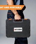 Person holding a portable plastic toolbox containing 45 Piece Handy Home Repair Tool Kit For DIY Projects Includes Hand Saw, Hammer.