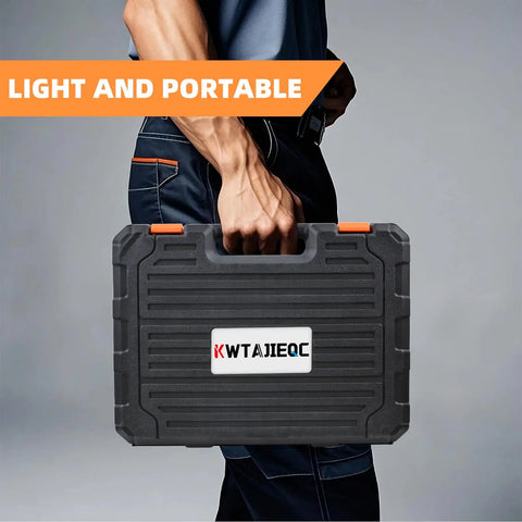 Person holding a portable plastic toolbox containing 45 Piece Handy Home Repair Tool Kit For DIY Projects Includes Hand Saw, Hammer.