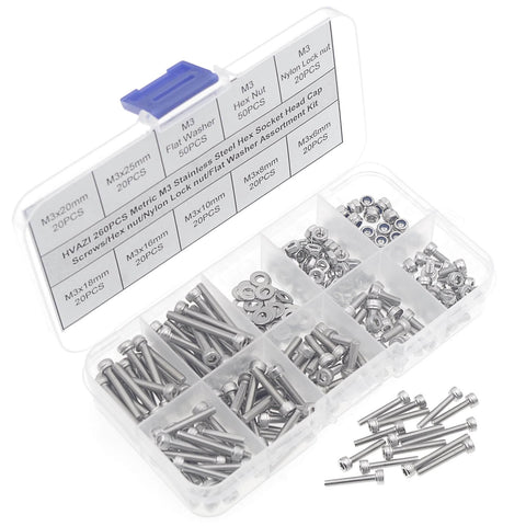 Metric M3 Stainless Steel Socket Head Cap Screws Kit With Hex Nuts Nylon Lock Nuts Flat Washers 260 Pc Set in plastic box