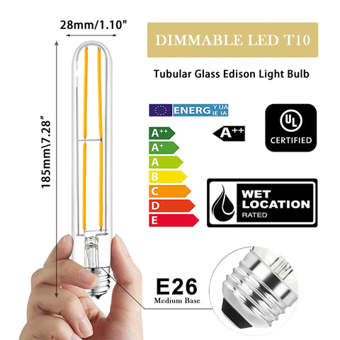 Hand holding dimmable 6W E26 LED bulb 800 lumen 2700K soft white warm glow, 80W equivalent, tubular T10 T9 clear glass