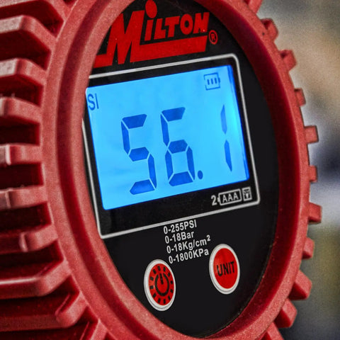 Heavy-Duty Digital Tire Pressure Gauge With Inflator, Clip-On Chuck, 20 Inch Air Hose, Easy Read 0.1 PSI Display, Pistol Grip, Pro Grade Build, 255 PSI Max, 1/4 Inch NPT, Made In USA showing 56.1 PSI close-up