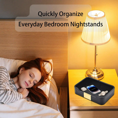 Leather Tray Desk Organizer For Jewelry Watches Keys And Small Essentials Must Have Luxury Nightstand And Entryway Storage Tray In Black With Stitched Edges And Metal Accents 8.5L X 5.7W X 1.8H on bedside