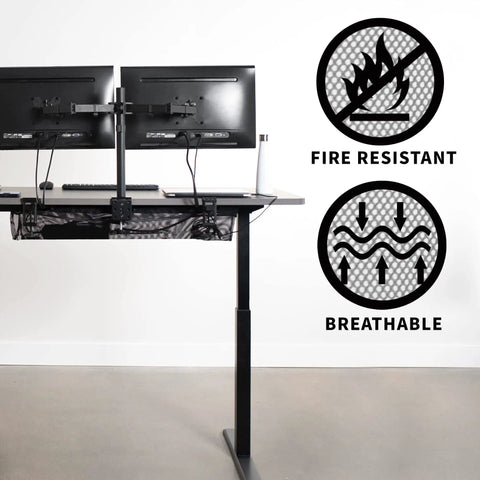 No Drill Clamp-On 36 Inch Mesh Under Desk Cable Management System, black, showing fire resistant and breathable features.