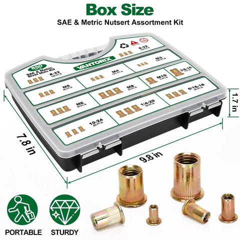 Garage-Ready 850-Piece Rivet Nut Kit With SAE And Metric Sizes, Flat Head Threaded Inserts For DIY Projects And Auto Repairs Includes M3 To M10 And Inch Sizes Like 1/4-20, 5/16-18, 3/8-16; labeled storage case and assorted inserts