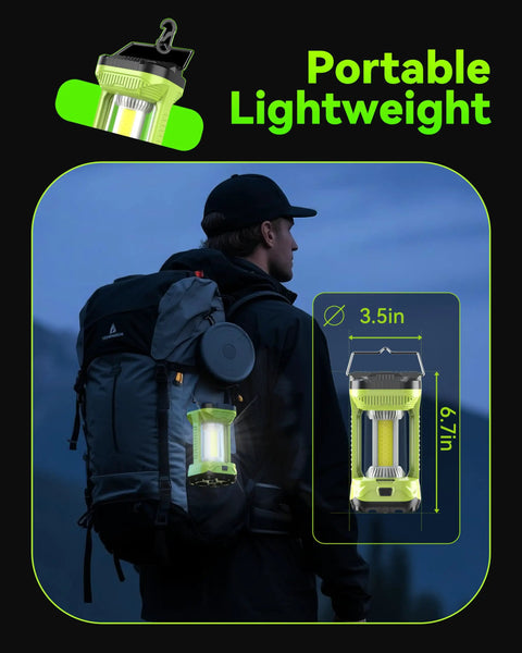Rechargeable Camping Lantern With 4000LM Bright LED Light 360 Degree All Around Illumination 4600mAh Battery attached to backpack