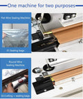 Heavy Duty Heat Sealing Machine For Plastic Bags With Adjustable Worktable Pedestal Stand Efficient Fast Packaging Solution Plus Film Cutter For Shrinking Durable Metal Build, showing flat and round wire sealing features.