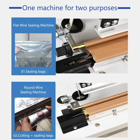 Heavy Duty Heat Sealing Machine For Plastic Bags With Adjustable Worktable Pedestal Stand Efficient Fast Packaging Solution Plus Film Cutter For Shrinking Durable Metal Build, showing flat and round wire sealing features.