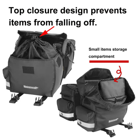 Waterproof Bike Pannier Bag 40L Large Capacity Dual Sided Rear Rack Saddle Bags with top closure and compartments