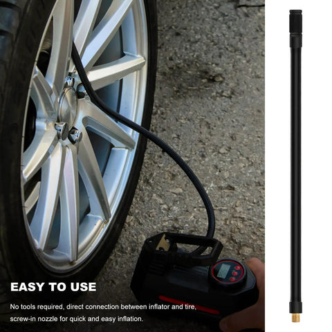 Tire Inflator Extension Tube Nineteen Point Seven Inch Flexible Air Pump Hose Adapter with Brass Screw Thread attached to car tire.