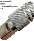 Close-up of a 1/4 inch steel female industrial air coupler quick connect fitting, showing durable metal construction