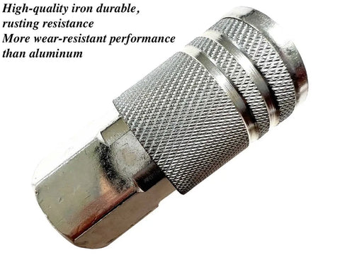 Close-up of a 1/4 inch steel female industrial air coupler quick connect fitting, showing durable metal construction