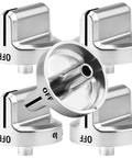 Five silver knobs from Frigidaire Gas Range Stove Knobs Replacement Kit, Universal ABS Control Knobs for Electric and Gas Ranges.