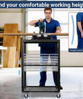 Person using heavy duty planer stand with 27.6x24in work surface, adjustable height 31-44.7in, 550 lb capacity, and storage shelves.