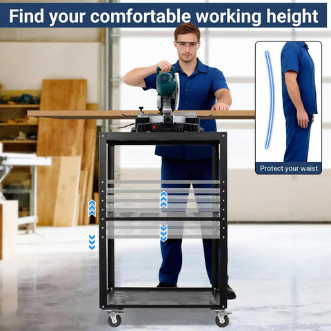 Person using heavy duty planer stand with 27.6x24in work surface, adjustable height 31-44.7in, 550 lb capacity, and storage shelves.