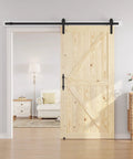 42 By 84 Inch Sliding Barn Door With Seven Foot Hardware Kit Included Unfinished Solid Spruce Wood Panel in a modern interior setting.