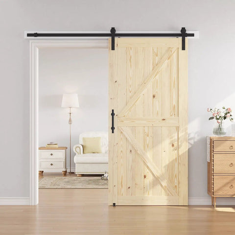42 By 84 Inch Sliding Barn Door With Seven Foot Hardware Kit Included Unfinished Solid Spruce Wood Panel in a modern interior setting.