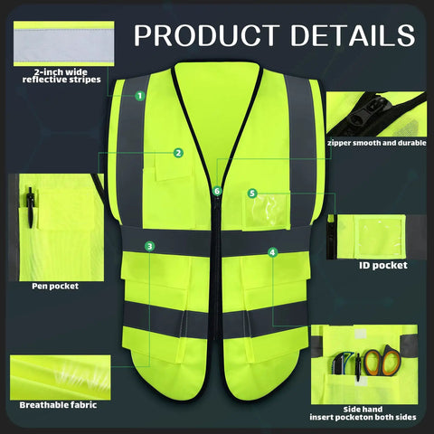 Product details of 15 Pack Reflective Safety Vests With Pockets And Zipper For Work, High Visibility Vests For Men And Women, 360 Degree Reflective Strips.