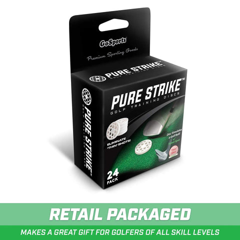 Retail box of 24 Pack Golf Training Discs For Realistic Swing Trainer And Ball Contact Practice Improve Swing Path Ball First Contact Compression And Low Point With Instant Feedback For Indoor And Outdoor Golf Practice.