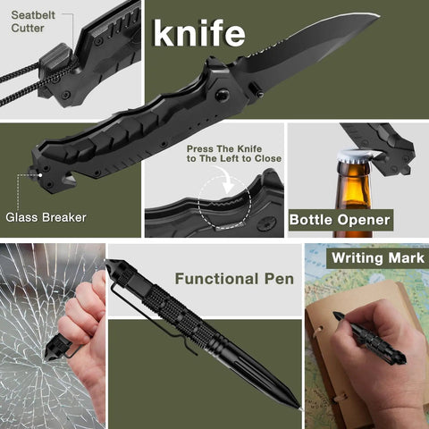 19 Piece Survival Kit For Outdoors Lovers Dope Fishing And Hunting Gadgets Included Essential Hiking Camping Gear showing knife and pen functions