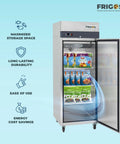 Heavy-Duty Commercial One-Door Reach-In Freezer Featuring Slick Silver Stainless Steel Build And Heavy-Gauge Adjustable Wire Bins, Legit 23-Cubic Feet Zero Frost Capacity with open door showing interior contents.