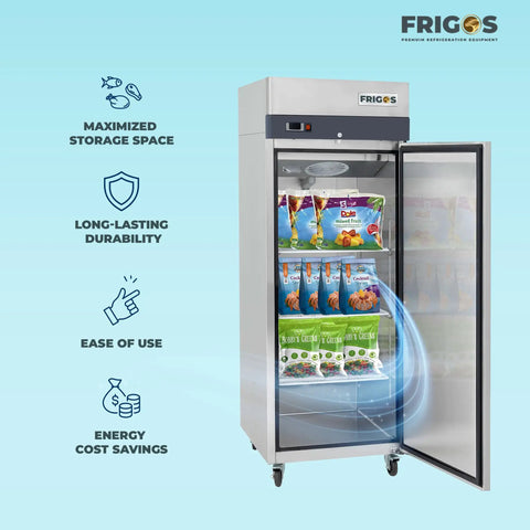 Heavy-Duty Commercial One-Door Reach-In Freezer Featuring Slick Silver Stainless Steel Build And Heavy-Gauge Adjustable Wire Bins, Legit 23-Cubic Feet Zero Frost Capacity with open door showing interior contents.