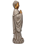 Side view of Asian Bodh Gaya Buddha Garden Statue, 30 Inch Tall Cast Stone Resin Sculpture With Faux Stone And Metallic Finish