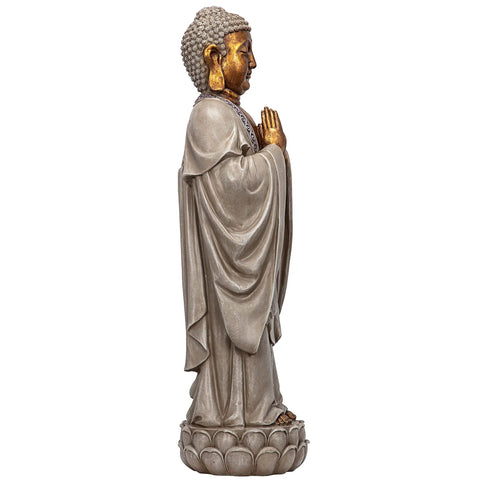 Side view of Asian Bodh Gaya Buddha Garden Statue, 30 Inch Tall Cast Stone Resin Sculpture With Faux Stone And Metallic Finish