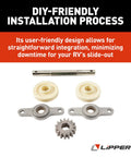 Exact-Match Replacement Gear Pack Assembly For RV Slide-Out 2.5 By 2.5 Inch Silver White Durable Replacement Component kit displayed.