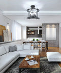 Farmhouse Semi Flush Mount Light Four Light Matte Black Industrial Ceiling Fixture in modern living room over seating area