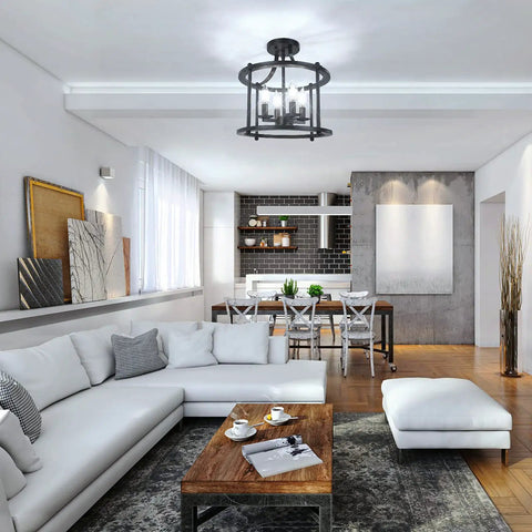 Farmhouse Semi Flush Mount Light Four Light Matte Black Industrial Ceiling Fixture in modern living room over seating area