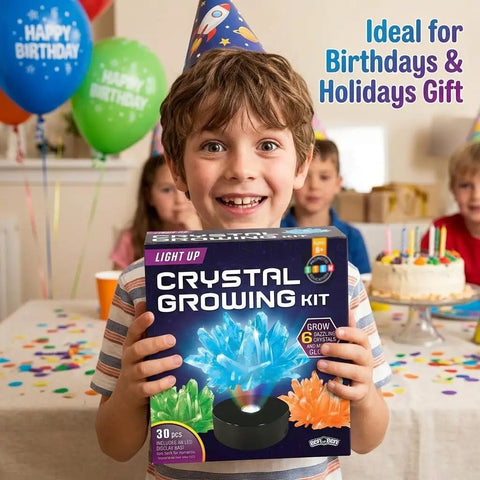 Child holding Light Up Crystal Growing Kit for Kids With LED Night Light Base Grow Six Vibrant Crystals In Five To Seven Days