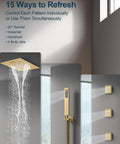 20 Inch Ceiling Mount Led Shower Head With Bluetooth Speaker Handheld Sprayer Brushed Gold Finish featuring rainfall and body jets.