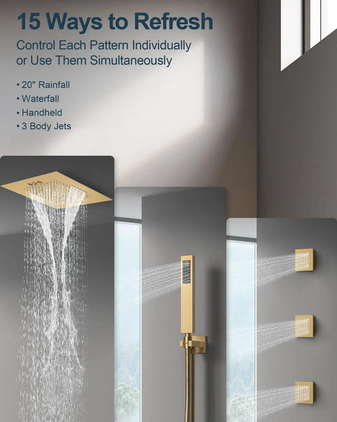 20 Inch Ceiling Mount Led Shower Head With Bluetooth Speaker Handheld Sprayer Brushed Gold Finish featuring rainfall and body jets.