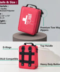 Red Amazon First Aid Kit, professional trauma kit with MOLLE compatibility, top handle, D-rings, labeled pockets.