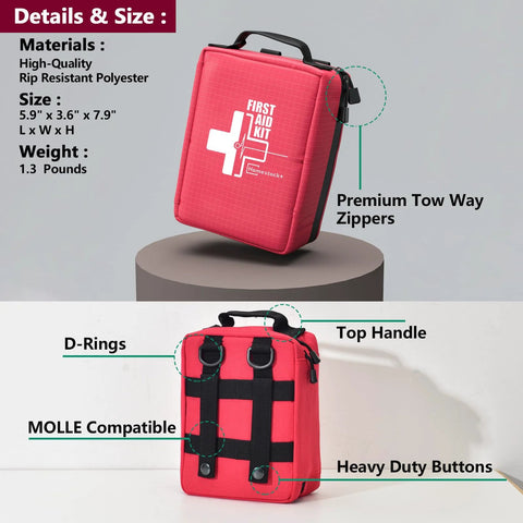 Red Amazon First Aid Kit, professional trauma kit with MOLLE compatibility, top handle, D-rings, labeled pockets.