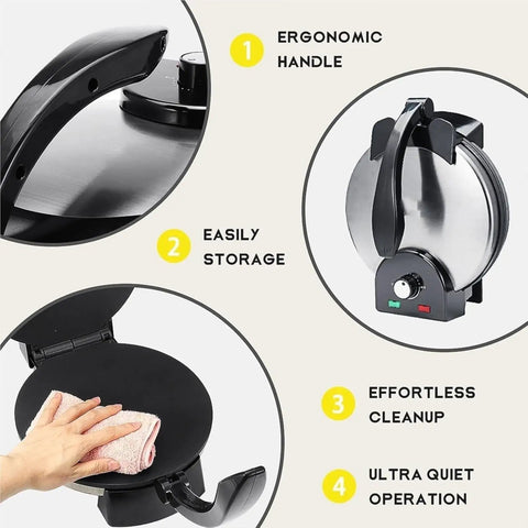Ergonomic handle and compact design of the 10 Inch Electric Tortilla Maker With Nonstick Surface And Adjustable Temperature.