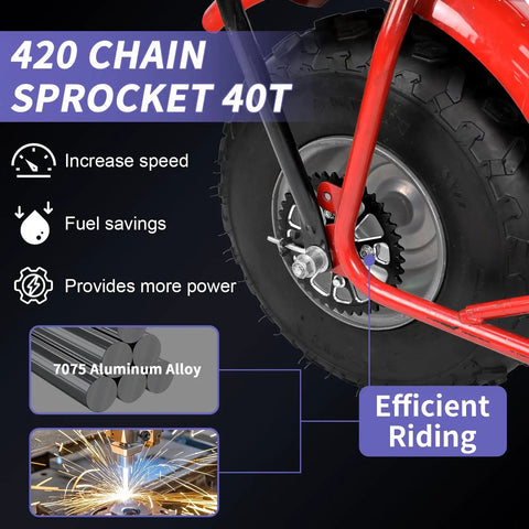 Beefy 40 Tooth Sprocket For 420 Chain With 40mm Bore Upgrade For Mini Bikes shown on wheel, highlighting increased speed and power