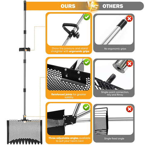 Heavy Duty 12 Inch 2-In-1 Chicken Poop Scooper And Rake with ergonomic grip and adjustable angle comparison diagram