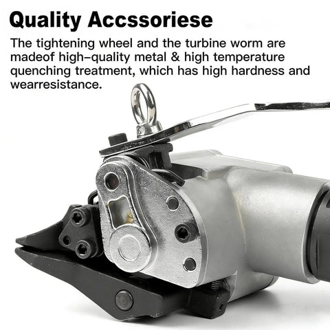 Close-up of Pneumatic Steel Strapping Tool For Heavy Duty Packaging, 8500N Tension, no power supply, showing metal components