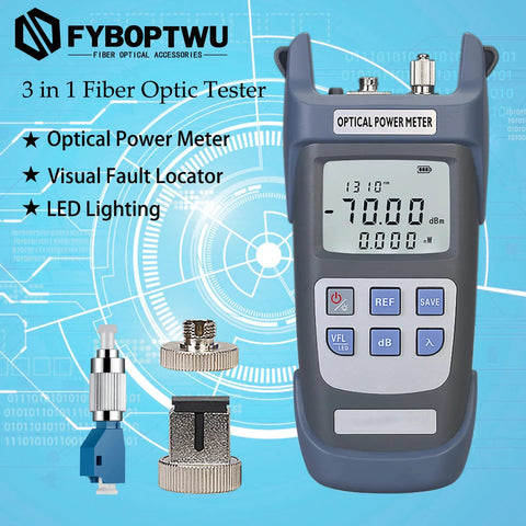 Front view: FYBOPTWU 3-in-1 fiber tester; blue handheld optical power meter with VFL and FC/SC/ST adapters (Amazon).