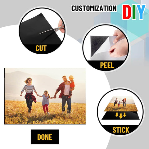 DIY project showing cutting, peeling, and sticking Ten Pack Magnetic Sheets With Adhesive Backing, 30 Mil Flexible Steel Vinyl Magnet Sheets.