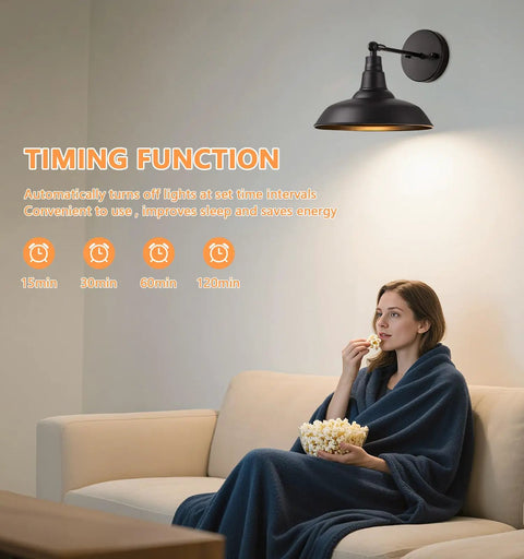 Black Vintage Battery Operated Wall Sconce above couch in cozy room, showcasing timing function for bedroom and hallway.