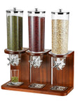 Rock Solid Three Barrel Grain Dispenser For The Kitchen Counter With Smooth Pour Valves And Sturdy Sapelli Wood Base Holds 12 Liters Of Coffee Beans Or Snacks A Total Game Changer For Mess Free Pantry Storage.