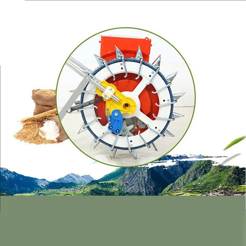 Manual Seed Planter Tool For Garden And Farm Portable Push Seeder with Seed Wheel and Spare Spring in a mountain landscape