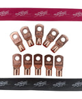 Pack Of Ten 1/0 Gauge Copper Ring Terminal Connectors With Red Black Heat Shrink Tubing 3/8 Inch Stud For Heavy Duty Car Audio Power Wiring That Will Keep Your Bass Rig Amped Up Daily, showing red and black insulation sleeves.